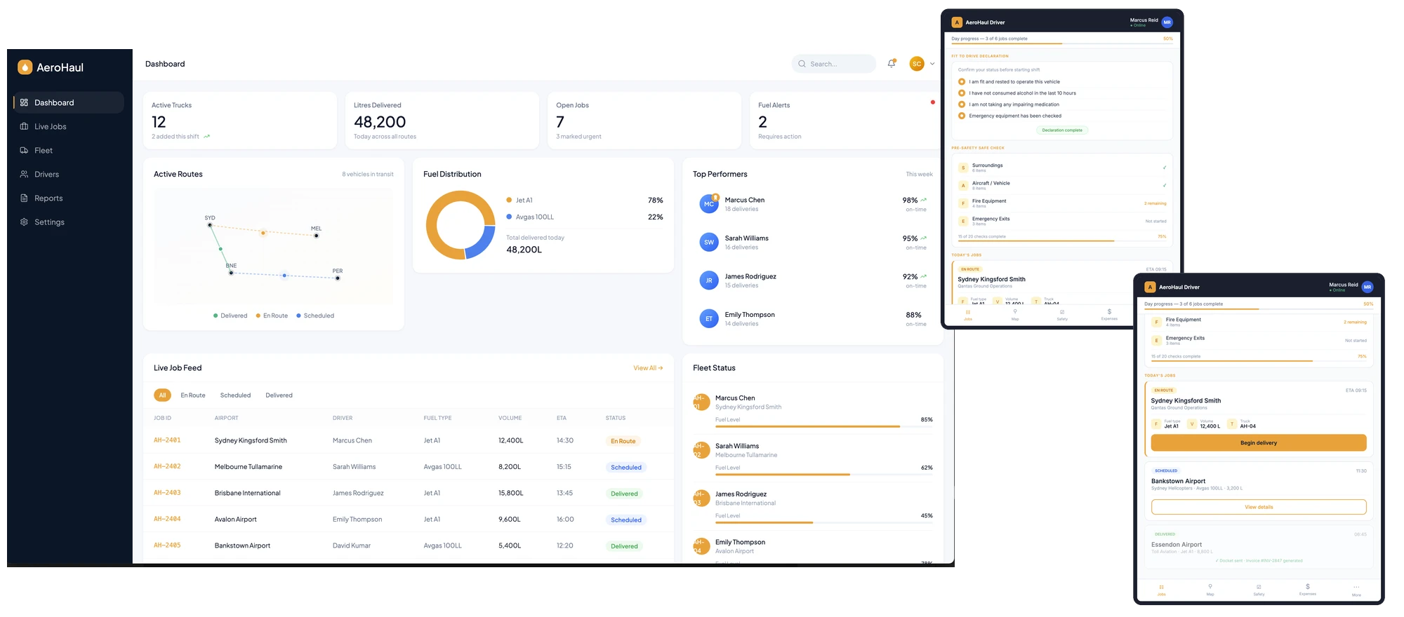 AeroHaul fleet management dashboard and driver tablet app