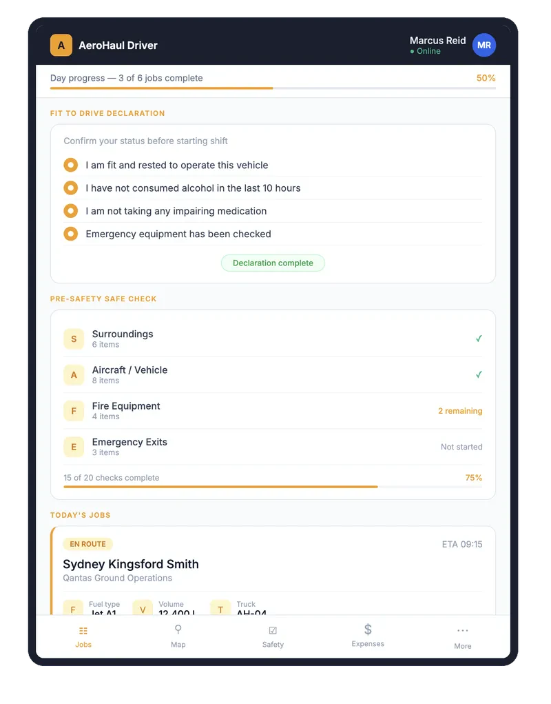 AeroHaul driver app — Fit to Drive declaration and SAFE pre-check