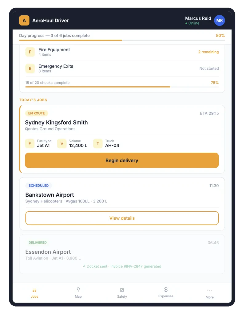AeroHaul driver app — today's jobs with delivery and docket details