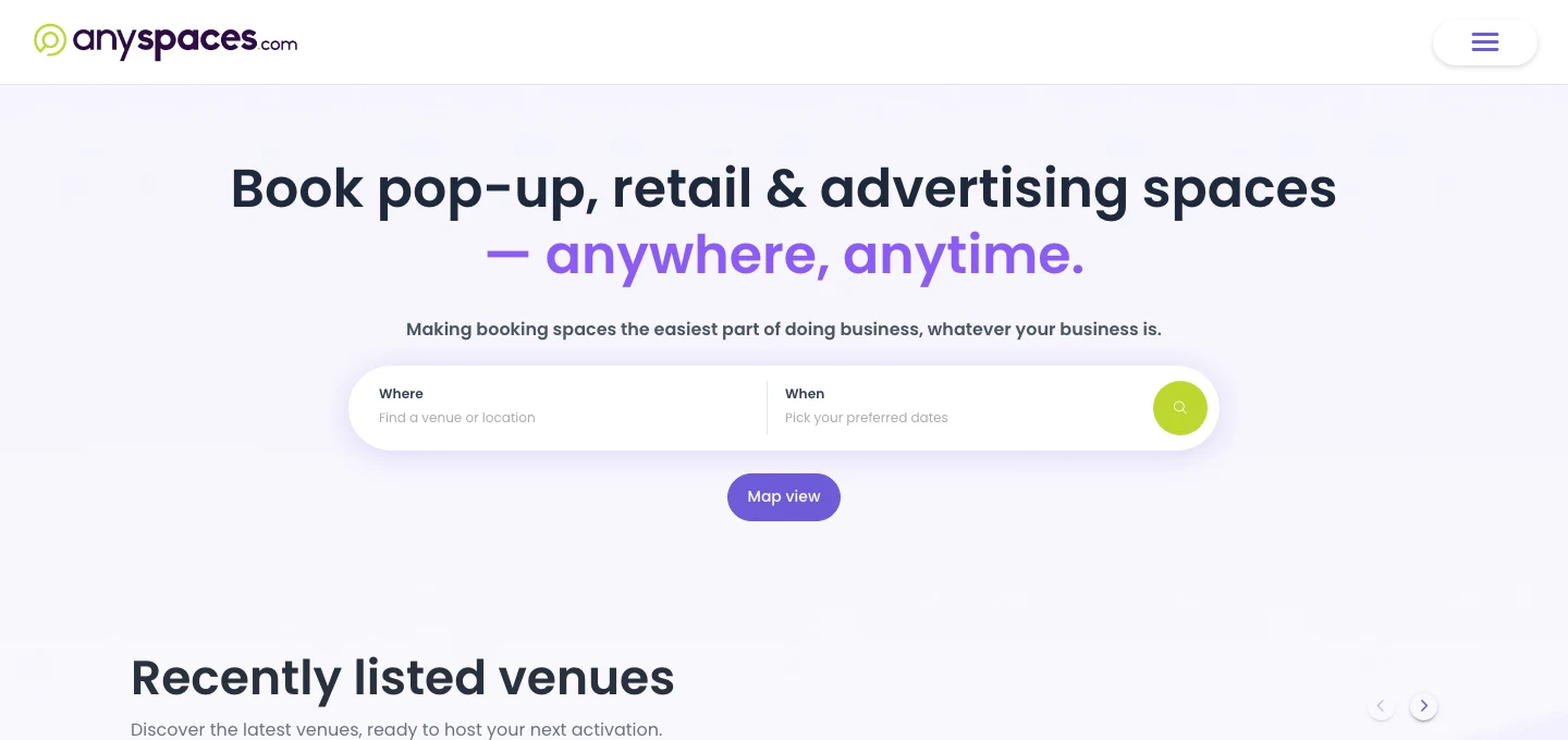 Anyspaces.com — live public homepage with search and map view