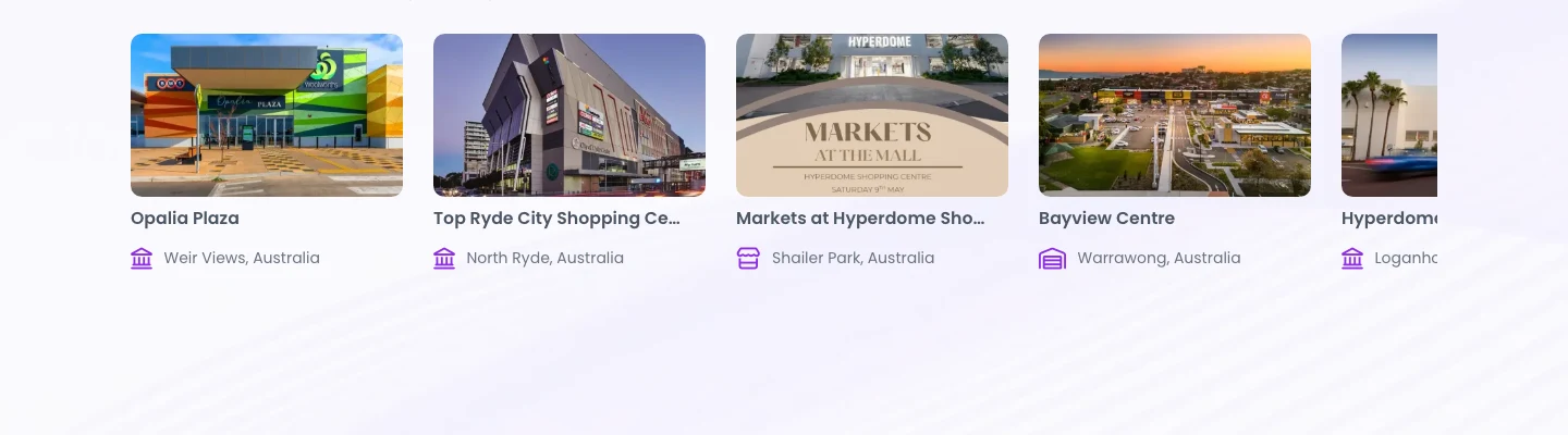 Anyspaces — recently listed venues grid with real shopping centres and venues