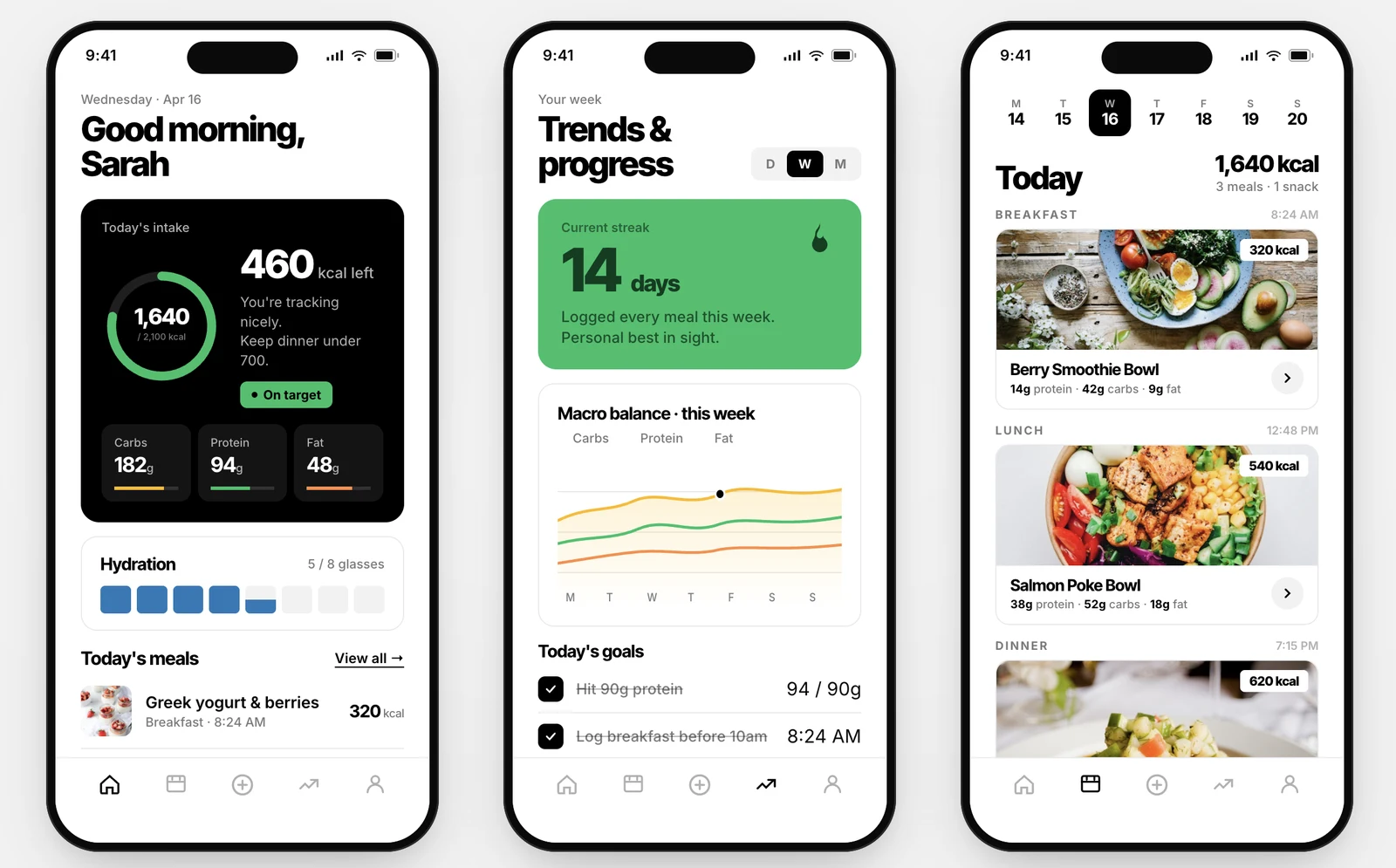 GreenPlate — home dashboard, trends & progress, and meal diary screens