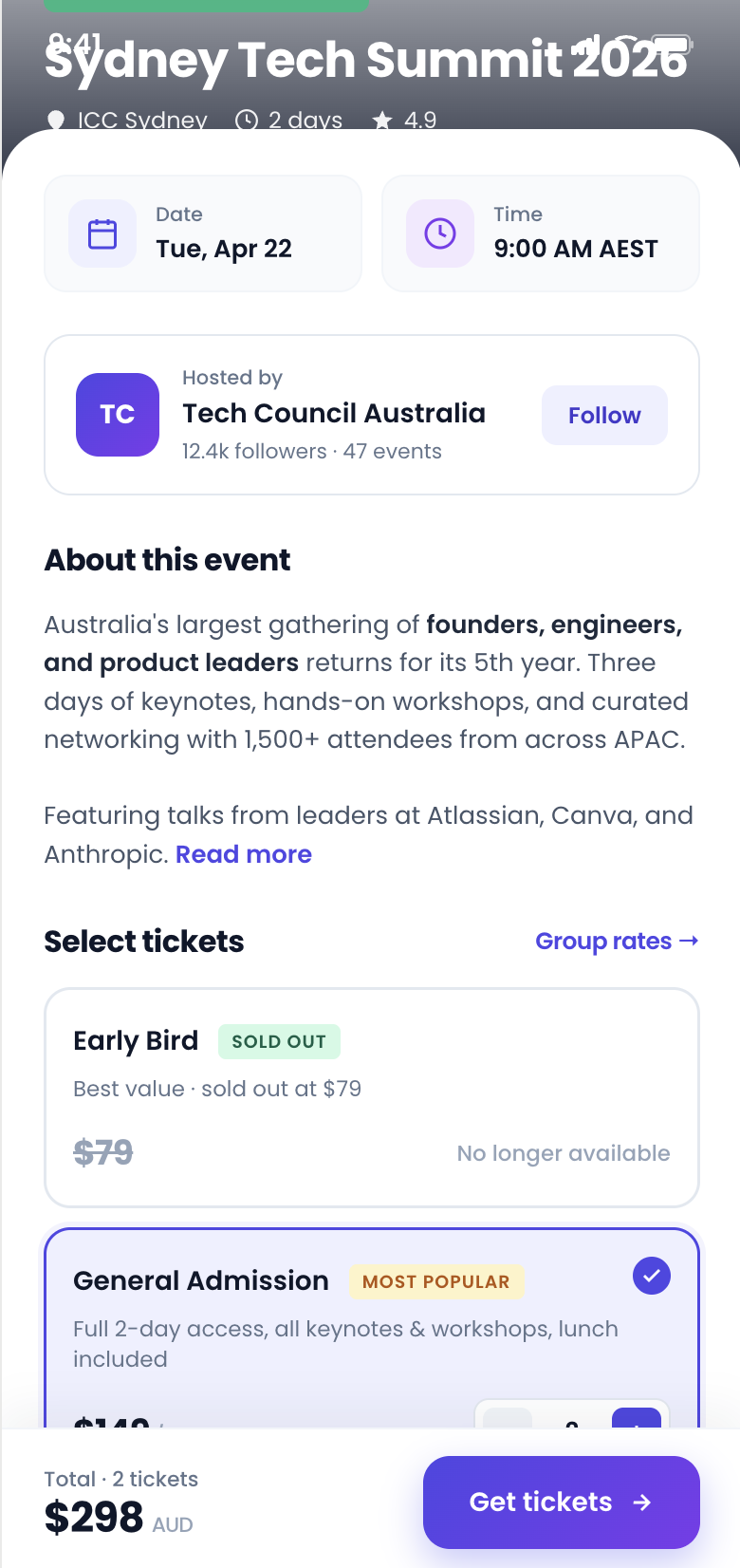 NEMS mobile — event detail and ticket purchase