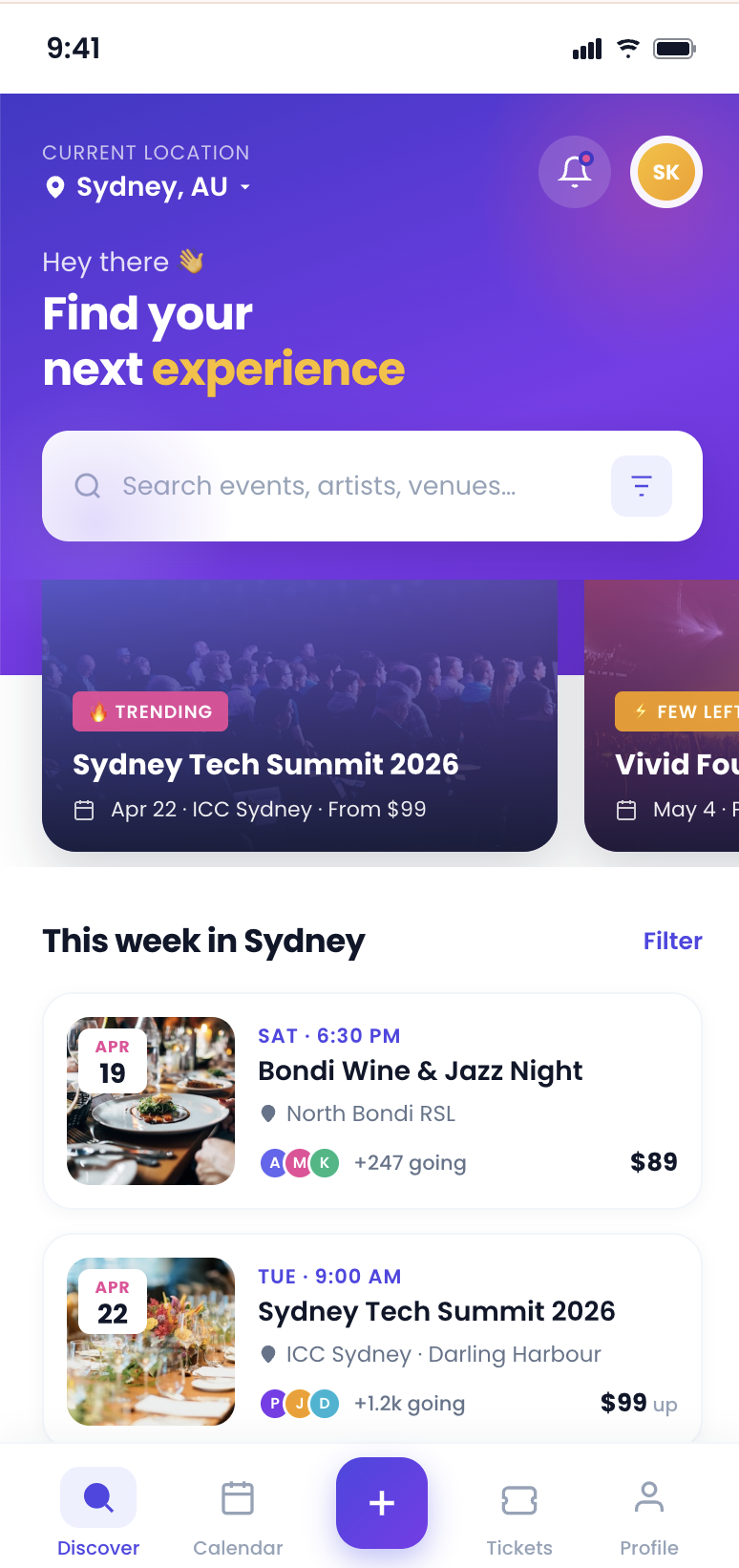 NEMS mobile — event discovery screen