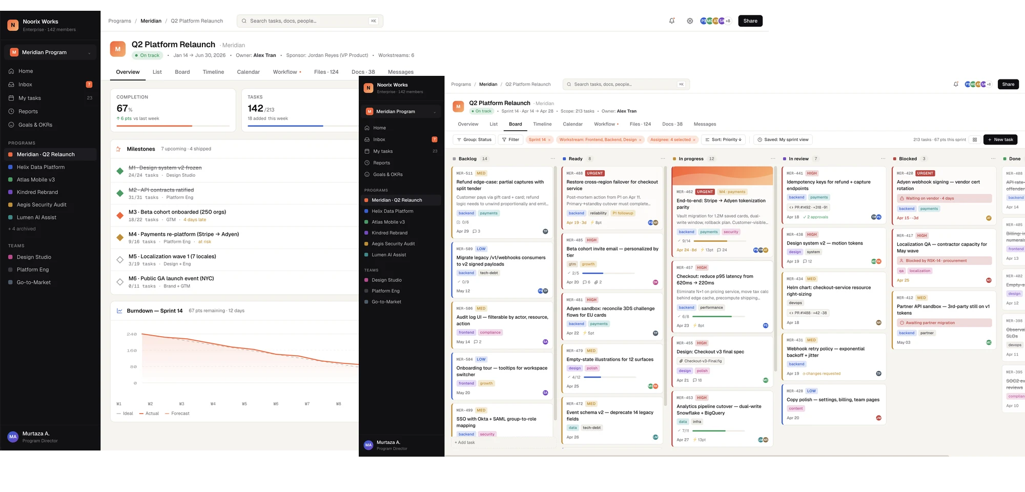 Noorix Works — project dashboard and Kanban board views