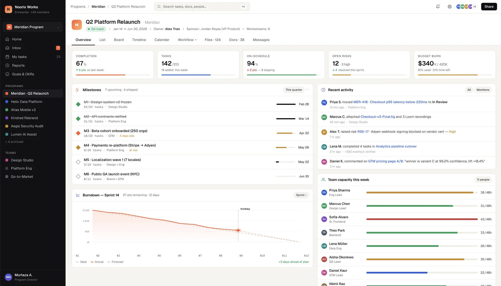 Noorix Works — project overview dashboard with milestones, team capacity and activity feed