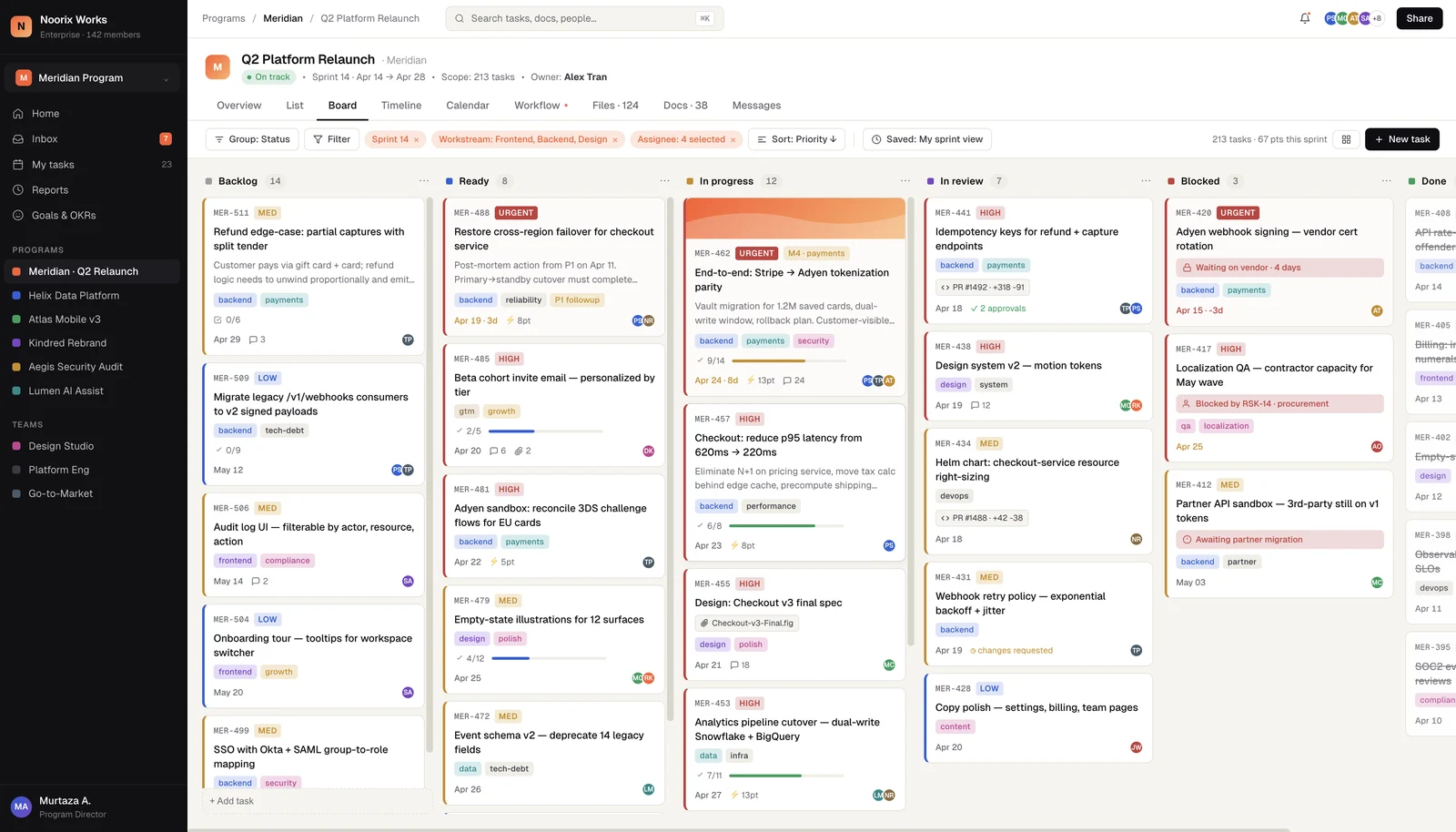 Noorix Works — Kanban board with priority tags, assignees and status columns