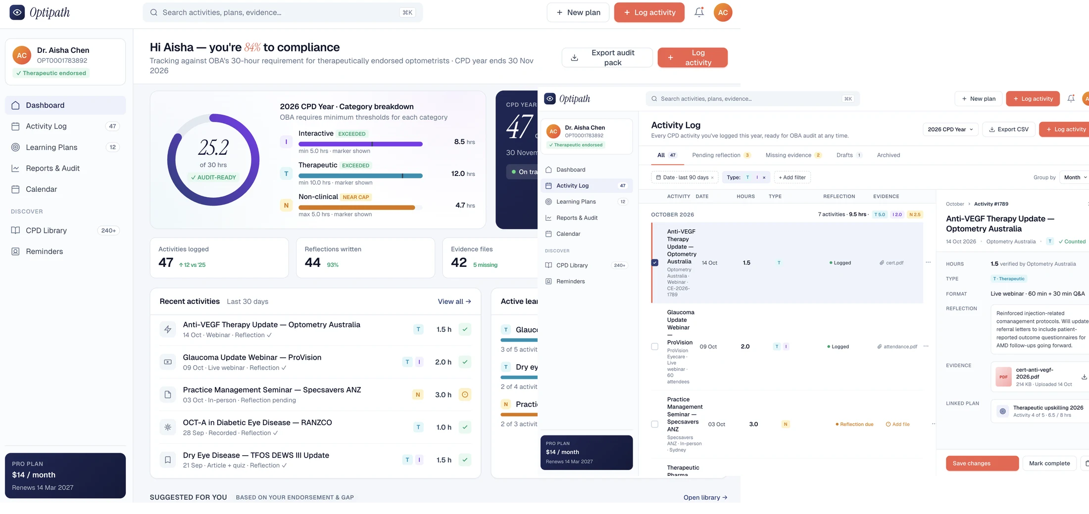 OptiPath — compliance dashboard and activity log views
