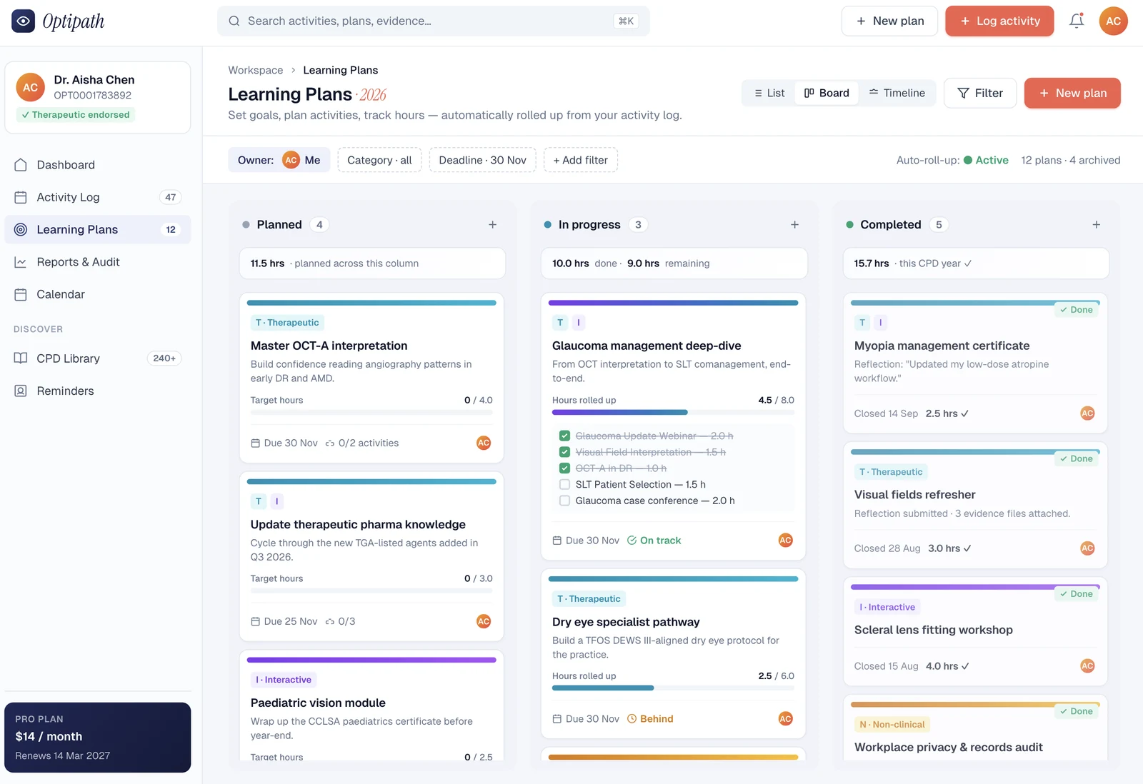 OptiPath — learning plans board with Planned, In Progress, and Completed columns