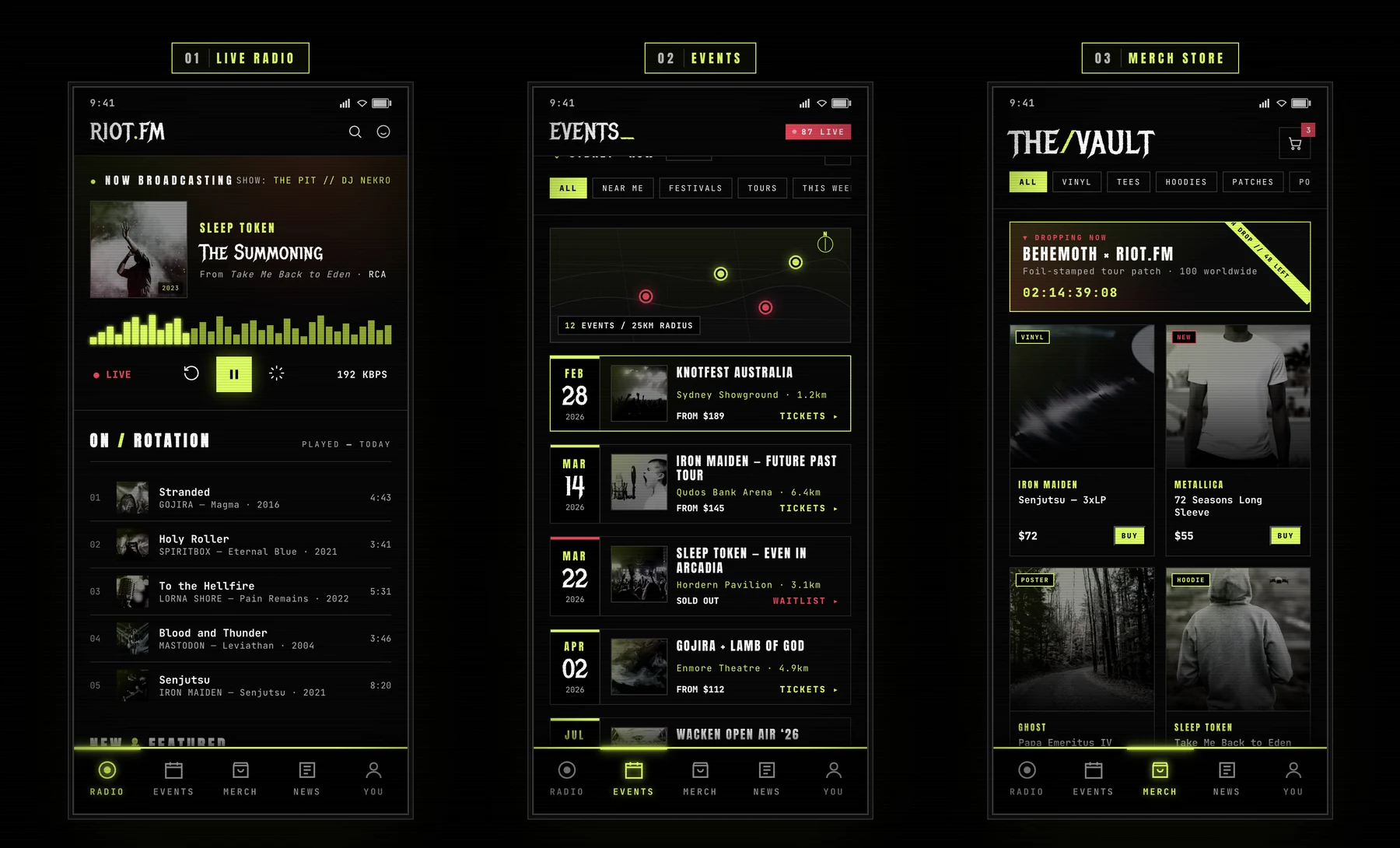 RiotFM — live radio, events, and merch store screens